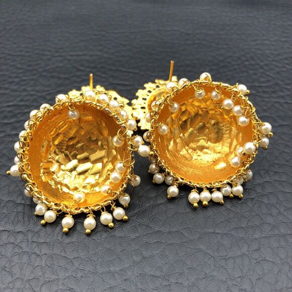 Jhumka Chandelier Earrings Bollywood Faux Pearls Gold Tone Domes - Picture 4 of 6